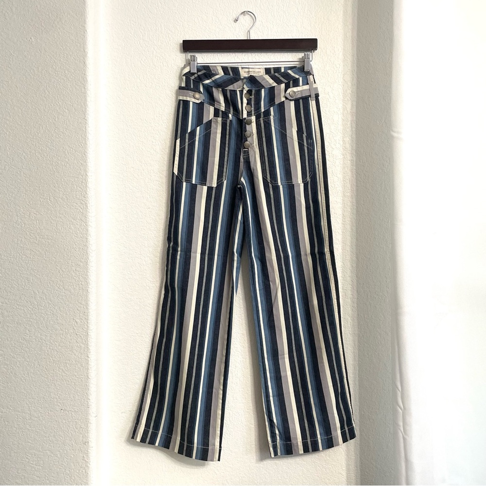 NWT Current Elliott Womens Pants Blue Stripe Wide Leg Button Fly Size 26